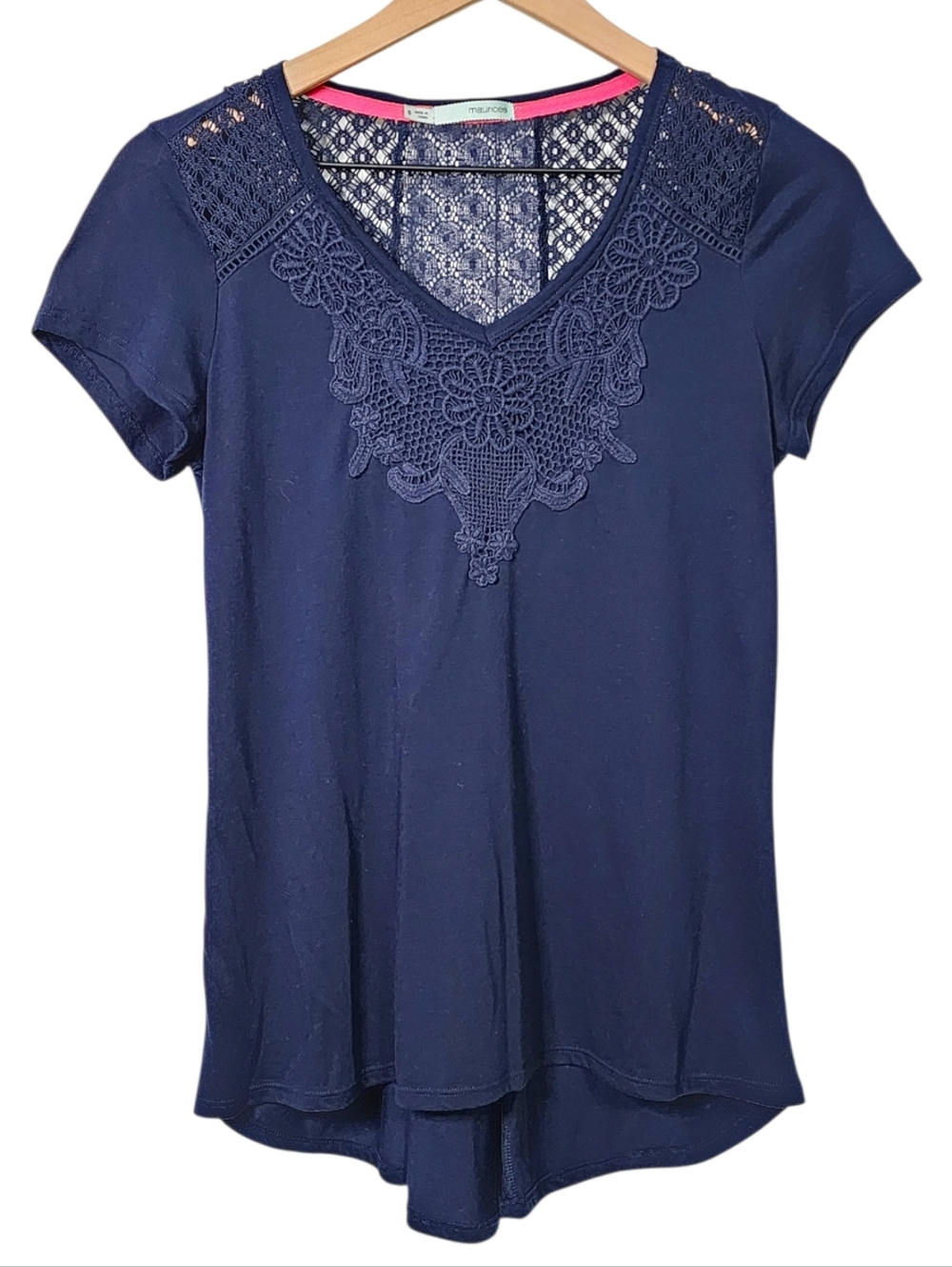 Maurices Womens Small Crochet Sheer Cinch Short Sleeve Shirt Navy Blue Hi-Lo Hem